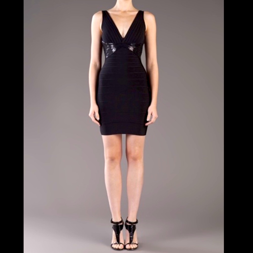 Worn 1x-sequin accent bandage Herve Leger MAX AZRIA Kaitlyn Black Sequin Dress-S